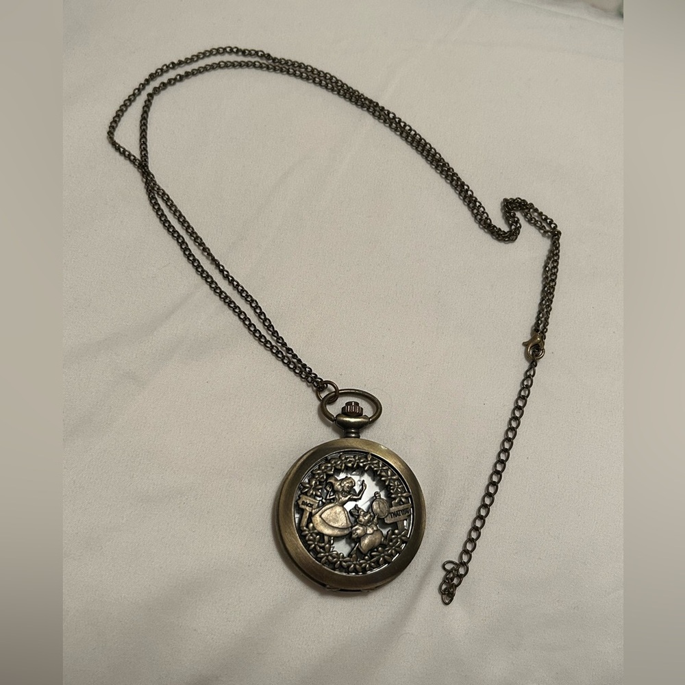 Alice in Wonderland Vintage Style Bronze Pocket Watch Necklace